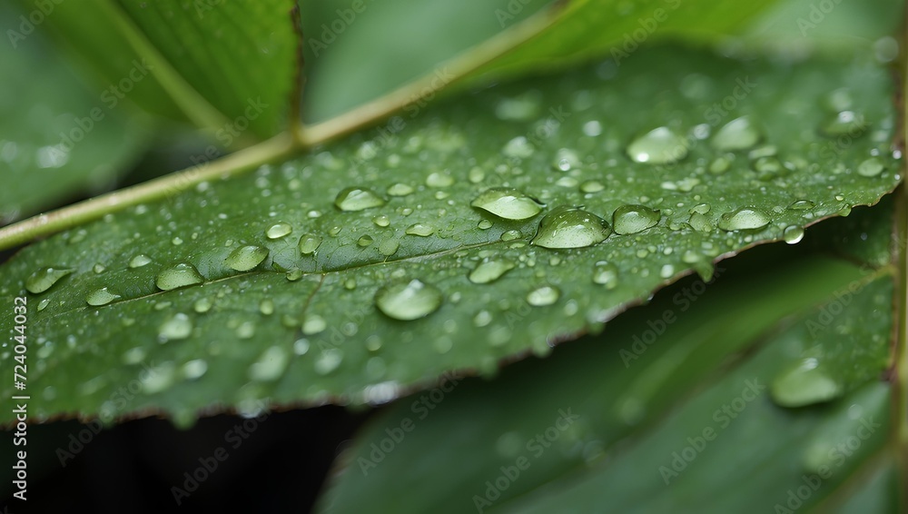 Close-up of a leaf with raindrops, bright green, high detail. generative AI Close-up of a leaf with raindrops, bright green, high detail. generative AI
