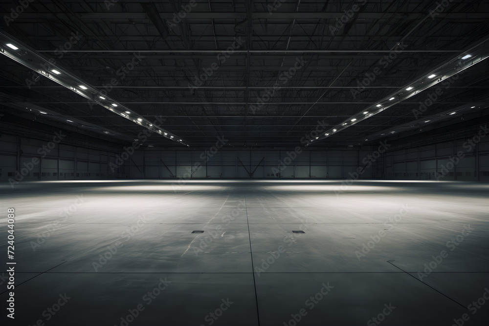 Großer, leerer Hangar, Halle, dunkel, diffuse Beleuchtung, erstellt mit generativer KI