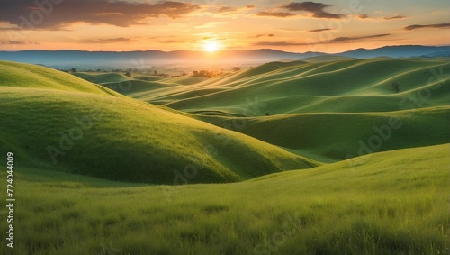 Rolling hills covered in thick grass at sunset. generative AI