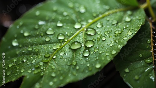 Close-up of a leaf with raindrops, bright green, high detail. generative AI