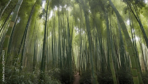 Wide-angle view of a dense bamboo forest  midday. generative AI