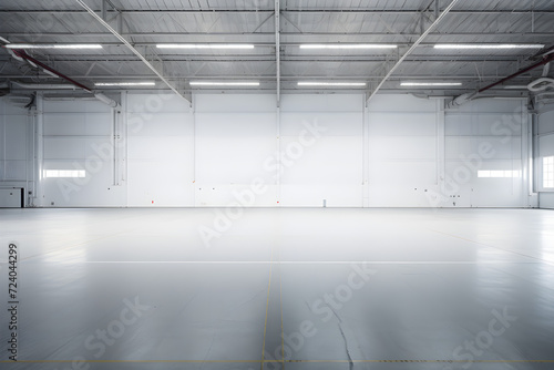 Großer, leerer Hangar, Halle mit heller Beleuchtung, erstellt mit generativer KI photo
