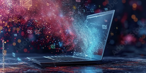 Laptop Emitting Cosmic Particles and Data Icons.
