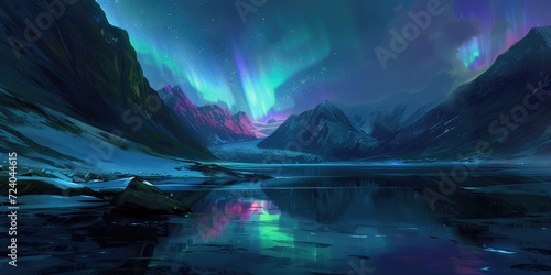 Generative AI, Green and pink northern lights above snowy mountains, winter landscape, aurora and reflection on the water surface photo