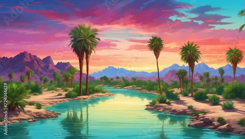 Desert oasis with vibrant green palm trees, twilight. generative AI © Zohaib