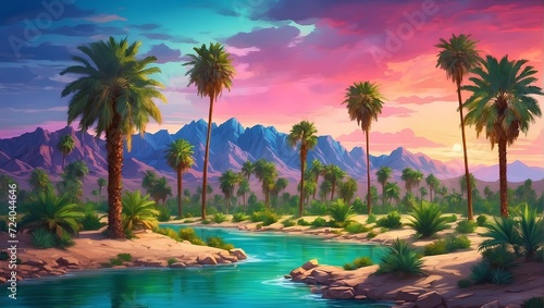 Desert oasis with vibrant green palm trees, twilight. generative AI
