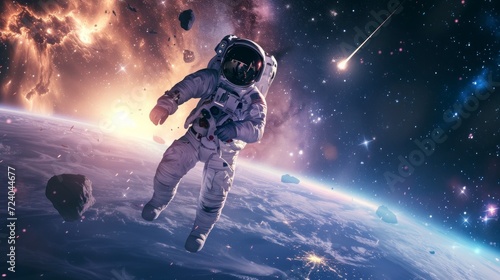 astronaut in space with earth background with asteroid impact © Marco