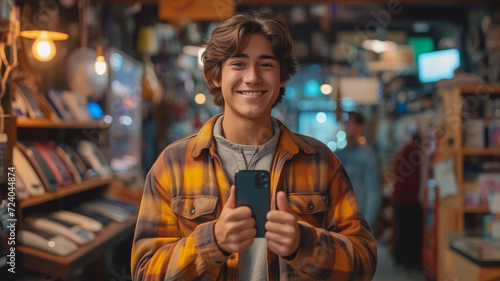 Attractive young male smiling holding mobile phone, professioanl portrait 