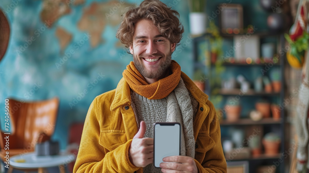 Attractive young male smiling holding mobile phone, professioanl portrait Attractive young male smiling holding mobile phone, professioanl portrait