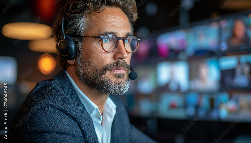 Professional in Headset Assisting Clients Over the Phone: This scene portrays a man wearing a headset, surrounded by multiple monitors, as he efficiently communicates with clients over the phone. Professional in Headset Assisting Clients Over the Phone: This scene portrays a man wearing a headset, surrounded by multiple monitors, as he efficiently communicates with clients over the phone.