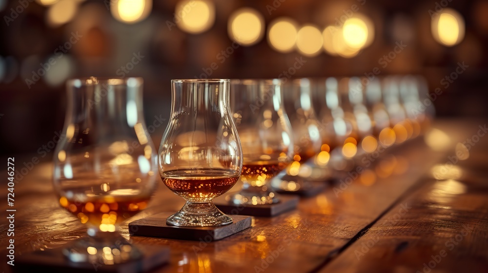 An elegant Irish whiskey tasting setting. Whiskey tasting environment in amber tones and crystal clear glasses in a visual spectacle. Space for tasting notes from connoisseurs.