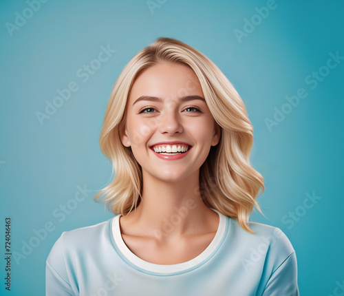 Portrait of a beautiful smiling young blonde girl dressed in blue t-shirt on light blue background.