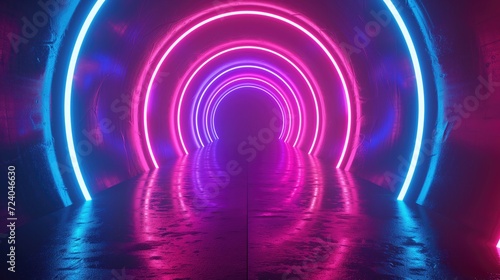 cyberpunk style neon bright tunnel road pathway, with circular neon lights