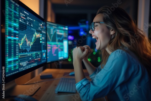 cryptocurrency trading board on a computer screen with an enthusiastic female trader