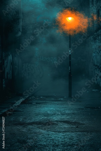 Glowing street lamp in the middle of a foggy and dark alleyway