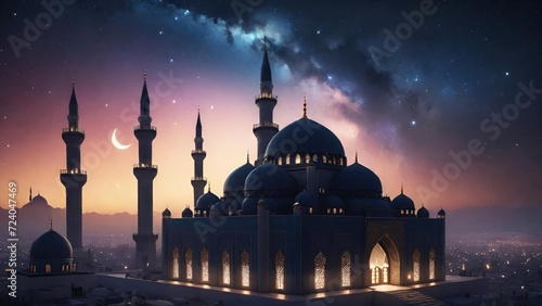 Big Mosque Under Starry Night. Suitable for Ramadan concept, Islamic concept, Greeting card, Wallpaper, Background, Illustration, etc  © dreambender