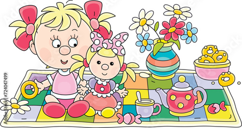 Happy little girl playing with her beautiful doll and a toy tea-set with a flower vase on a colorful checkered carpet in a nursery, vector cartoon illustration isolated on a white background