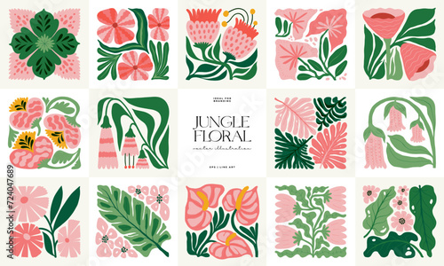 Floral abstract elements. Tropical Botanical composition. Modern trendy Matisse minimal style. Floral poster, invite. Vector arrangements for greeting card or invitation design