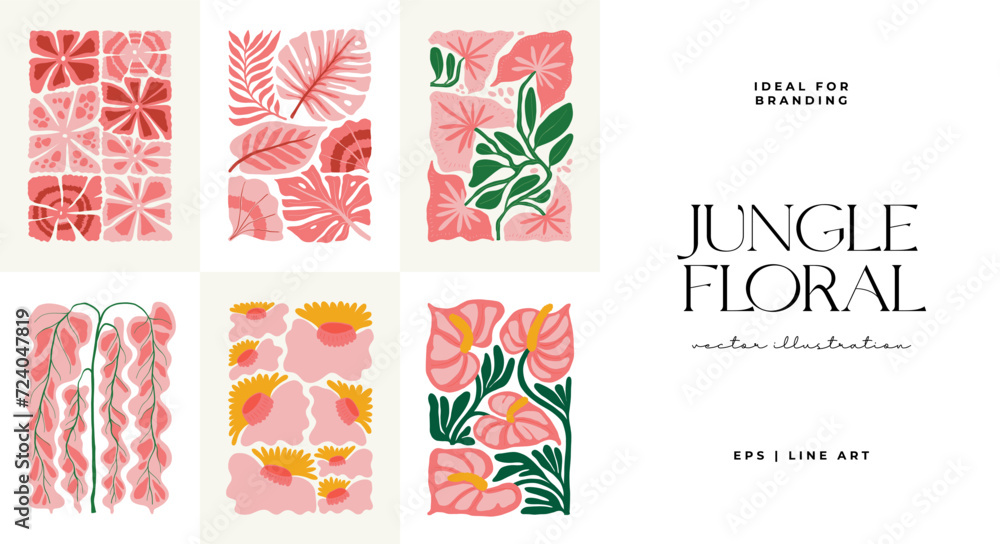 Floral abstract elements. Tropical Botanical composition. Modern trendy Matisse minimal style. Floral poster, invite. Vector arrangements for greeting card or invitation design