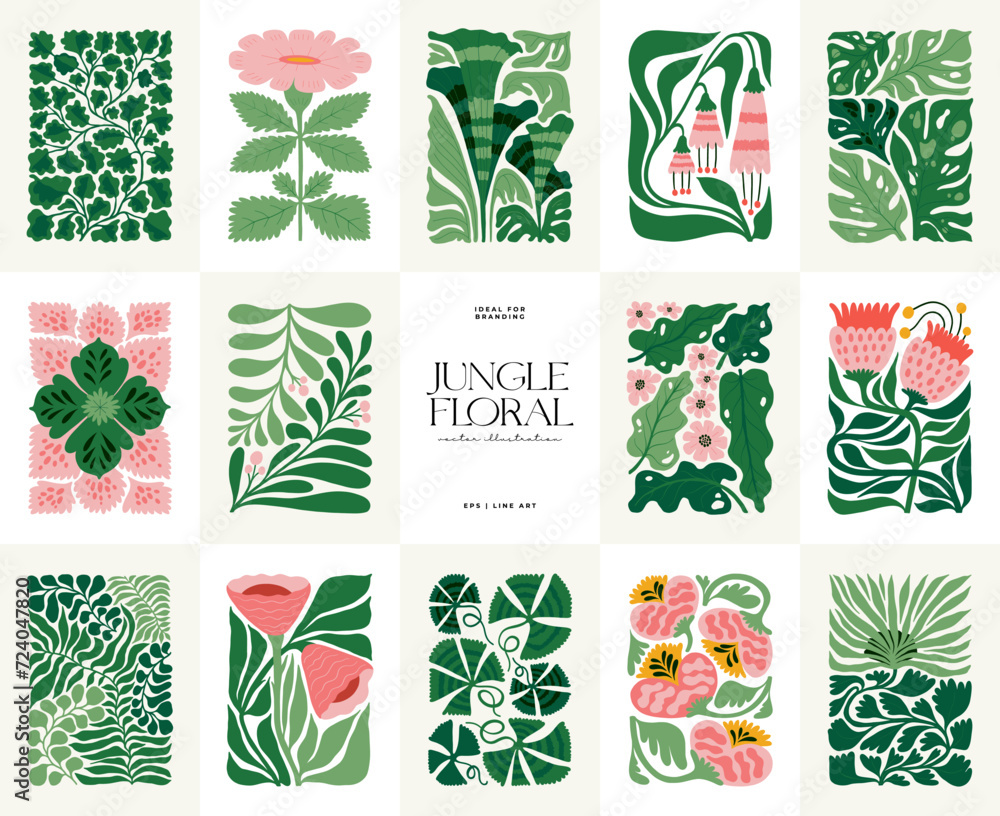 Floral abstract elements. Tropical Botanical composition. Modern trendy Matisse minimal style. Floral poster, invite. Vector arrangements for greeting card or invitation design - obrazy, fototapety, plakaty 