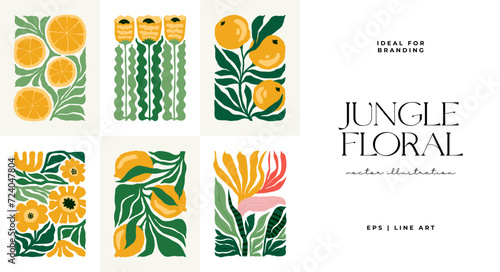 Floral abstract elements. Tropical Botanical composition. Modern trendy Matisse minimal style. Floral poster, invite. Vector arrangements for greeting card or invitation design