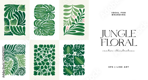 Floral abstract elements. Tropical Botanical composition. Modern trendy Matisse minimal style. Floral poster, invite. Vector arrangements for greeting card or invitation design #724047822