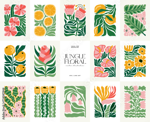 Floral abstract elements. Tropical Botanical composition. Modern trendy Matisse minimal style. Floral poster, invite. Vector arrangements for greeting card or invitation design photo