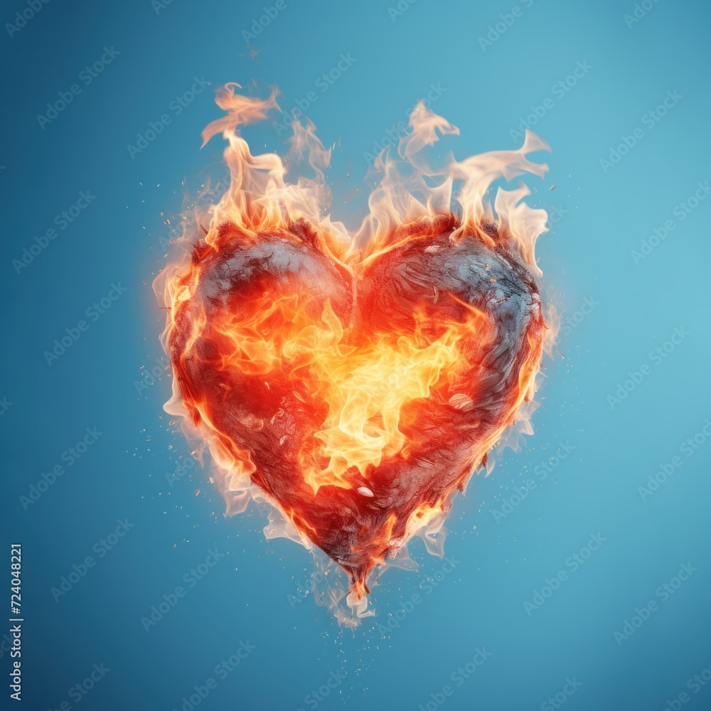 Fototapeta premium A heart burning in flames against a blue background.