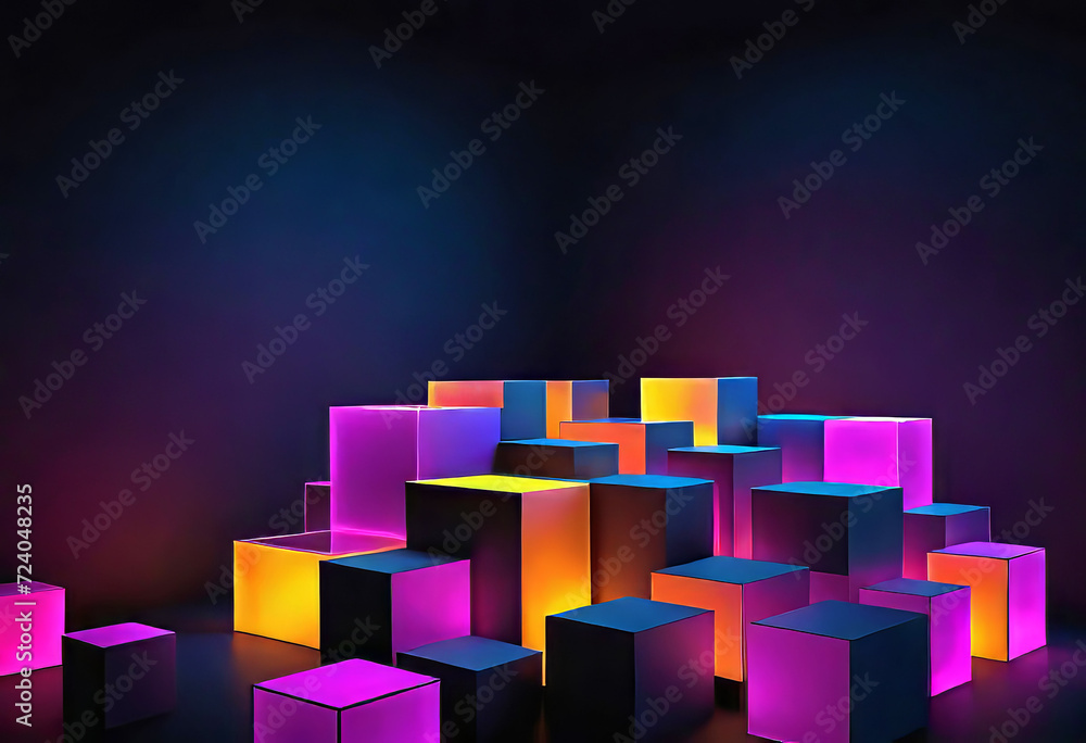 Dark background, abstract geometric blocks with neon light, 3D rendering, abstract background for decoration and design, Dark background, abstract geometric blocks with neon light, 3D rendering, abstract background for decoration and design,