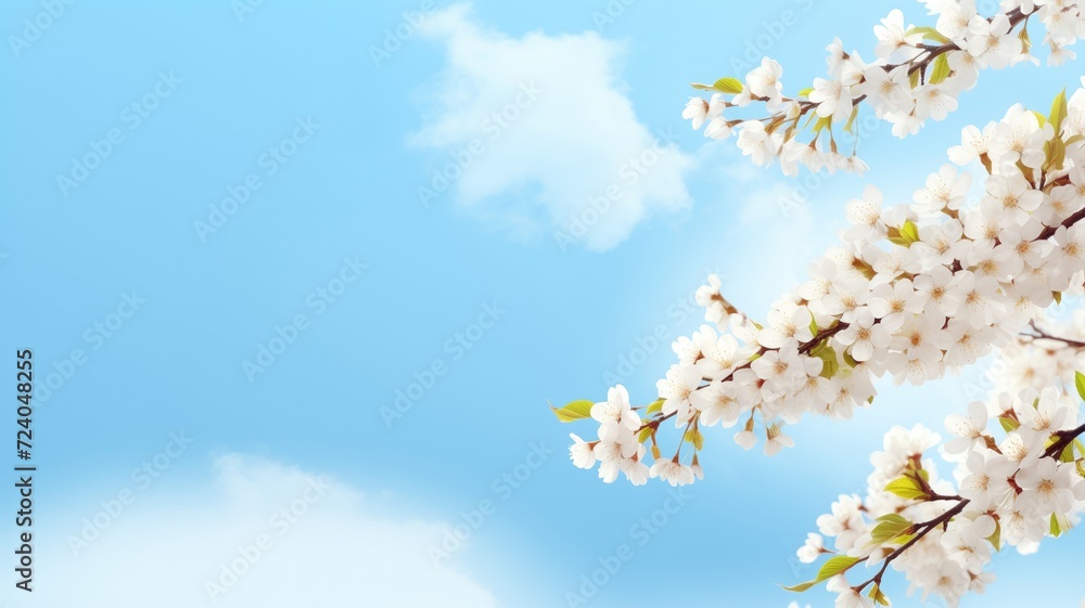Branches with fresh white cherry flowers in full bloom against the blue sky. Blooming sakura, peaches and cherries on a blue background. Branches with fresh white cherry flowers in full bloom against the blue sky. Blooming sakura, peaches and cherries on a blue background.
