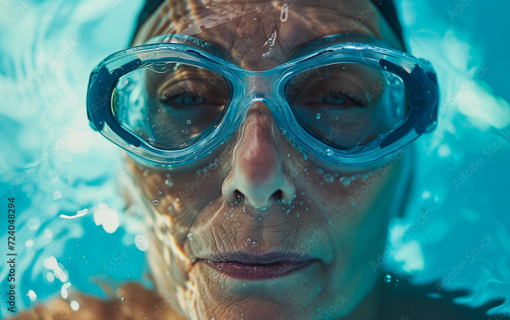 Fototapeta premium A mature woman wearing swimming goggles underwater in a swimming pool