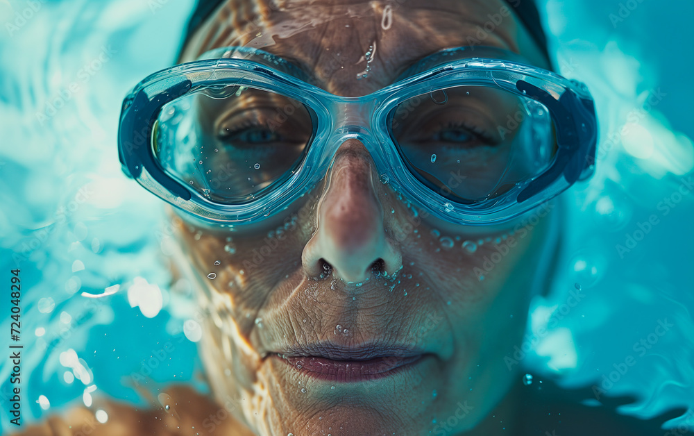 A mature woman wearing swimming goggles underwater in a swimming pool