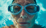 A mature woman wearing swimming goggles underwater in a swimming pool
