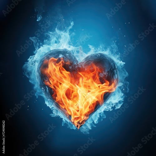 A heart burning in flames against a blue background.