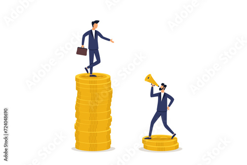 Poor and rich worker standing on a stack of his wealth coins. Income gap, income inequality under capitalism or career advancement to earn more income.