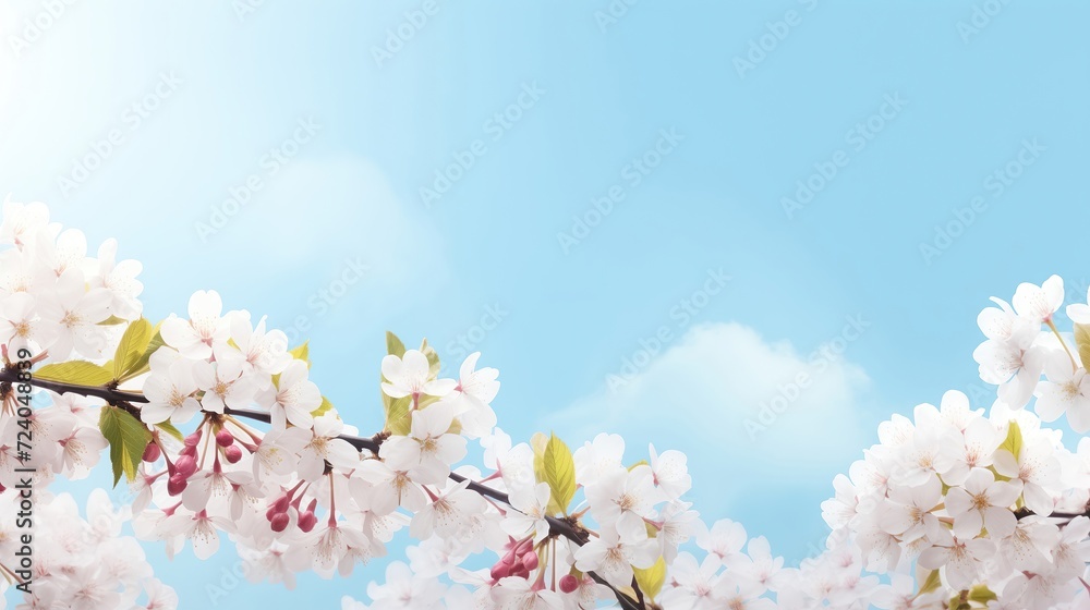 Branches with fresh white cherry flowers in full bloom against the blue sky. Blooming sakura, peaches and cherries on a blue background. Branches with fresh white cherry flowers in full bloom against the blue sky. Blooming sakura, peaches and cherries on a blue background.