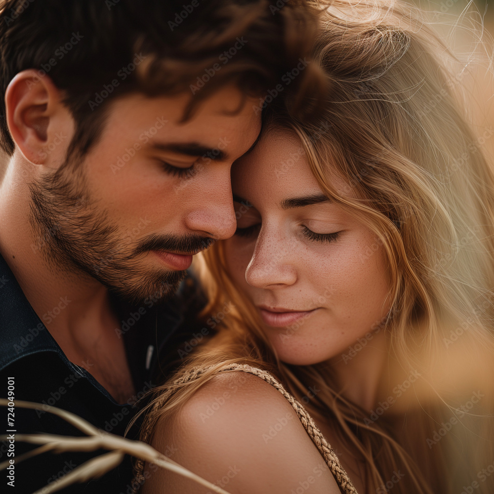 Close-Up Portrait of a Loving Couple Against a Stunning Natural Landscape: This intimate portrayal captures the heartfelt connection between a man and a woman, set against the backdrop of breathtaking
