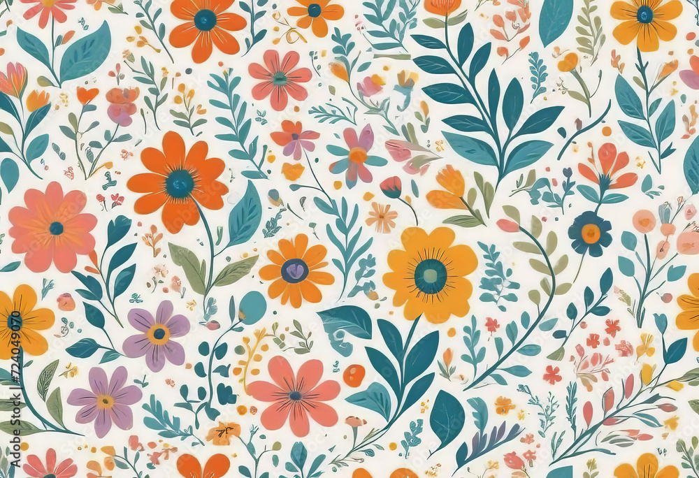 Fototapeta premium vector flat logo illustration, trendy floral seamless illustration. Vintage floral background in 70s style.