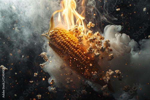 burning melting corn, horror, body horror, smile from ear to ear, corn kernels, popcorn, fire background