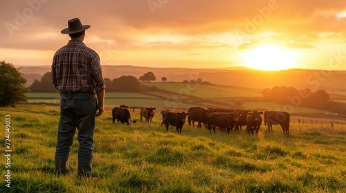 Farmer inspecting pasture with herd of livestock