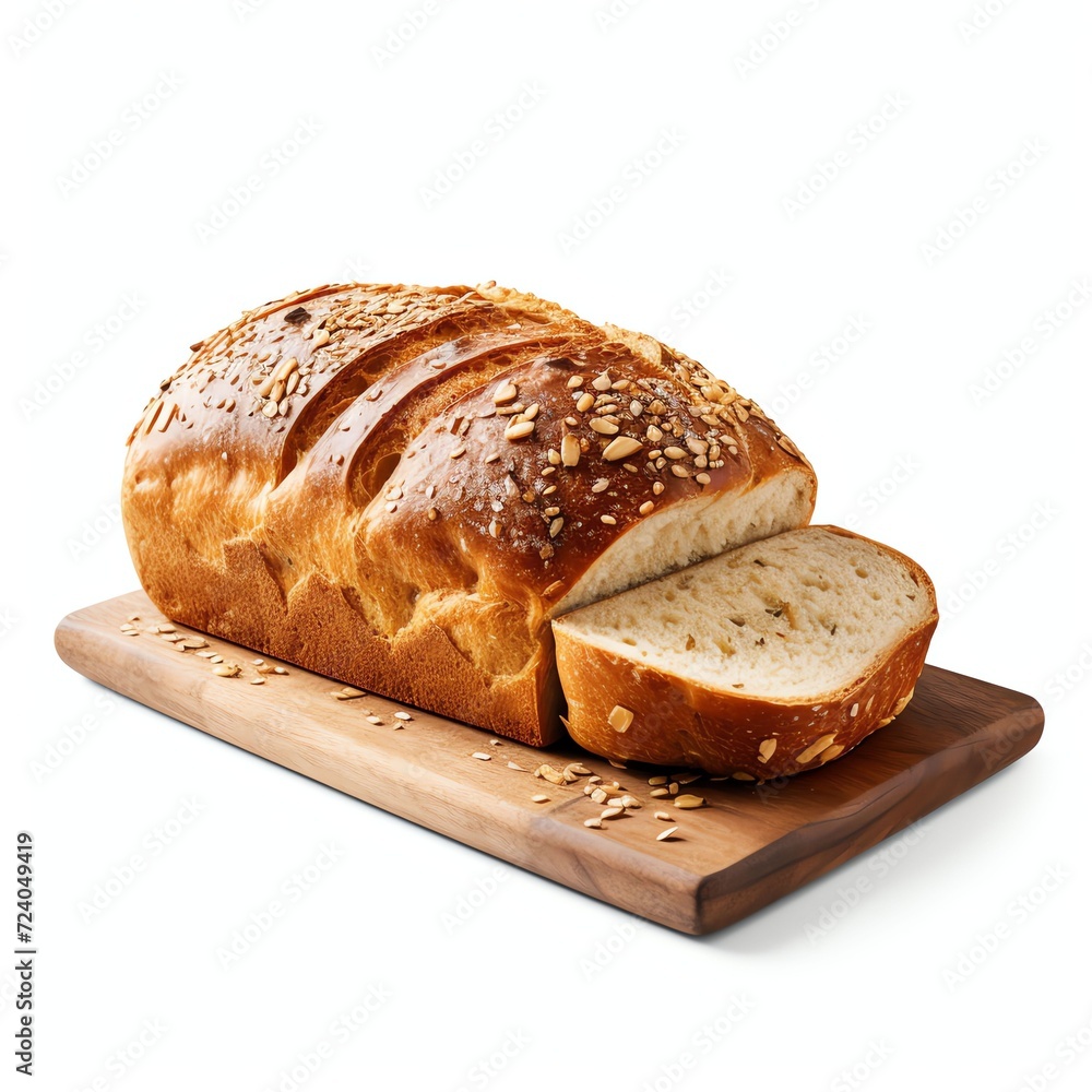 a homemade crunchy bread with grains, studio light , isolated on white background