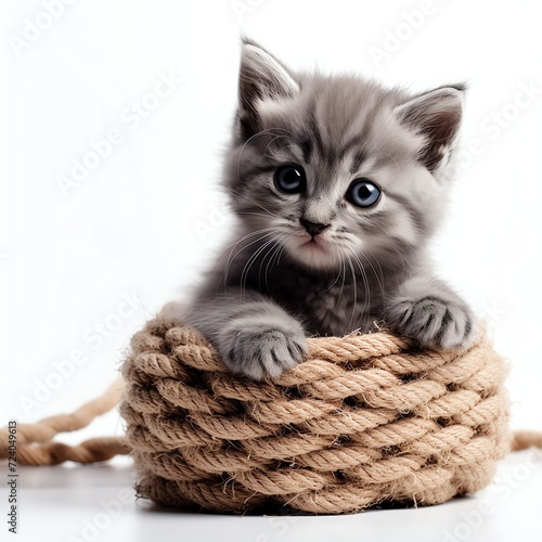 a grey kitten playing with a coil of rope, studio light , isolated on white background