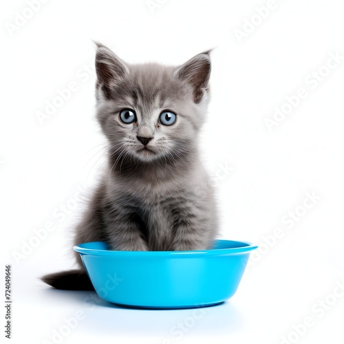 a grey kitten eating blue bowl, studio light , isolated on white background