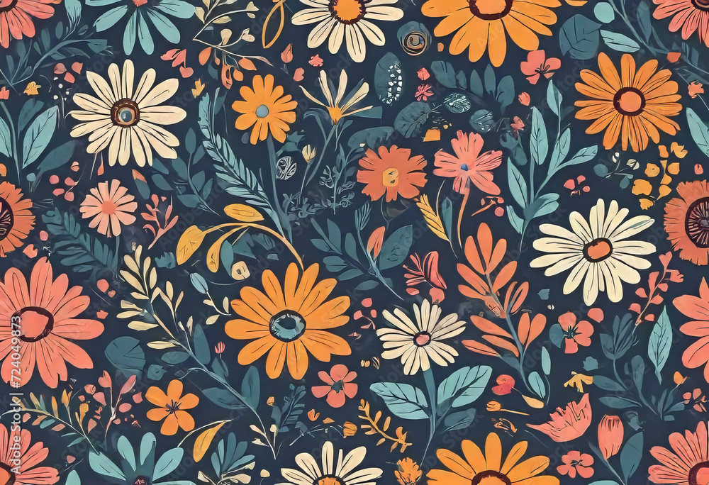vector flat logo illustration, trendy floral seamless illustration. Vintage floral background in 70s style.