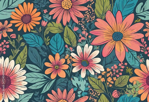 vector flat logo illustration, trendy floral seamless illustration. Vintage floral background in 70s style.