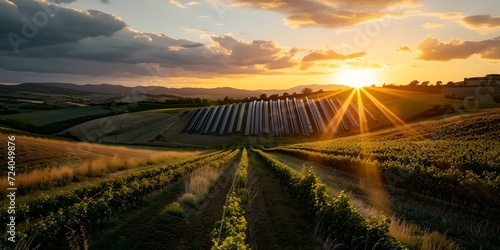 Stunning sunset over solar panels amidst rolling hills. nature meets technology. a green future captured. AI