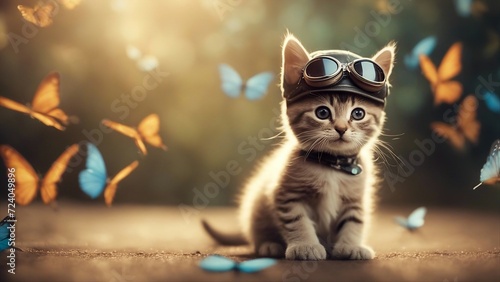 cat in the forest A playful kitten with an amused expression  wearing a tiny aviator hat and goggles  blue butterfly