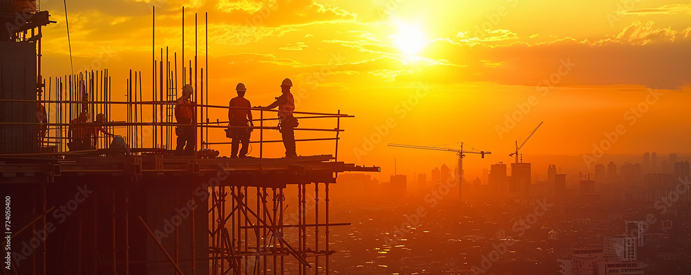 Back view of a construction worker in safety gear at a site against the backdrop of a glowing sunset,
 Construction Site , labor day concept , heavy industry factory with good welfare concept
