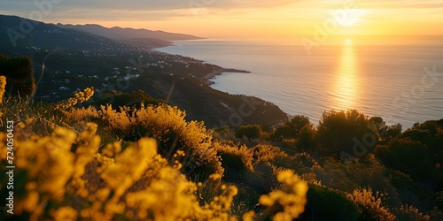 Golden sunset over coastal landscape. serene nature scene. warm evening light bathing hills. ideal for travel and postcards. AI