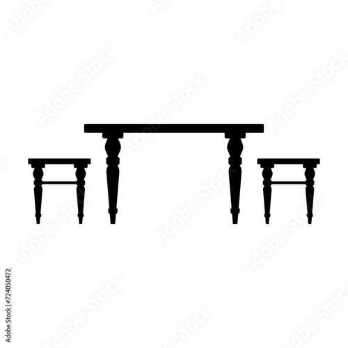 Table and stools icon. Black silhouette. Front side view. Vector simple flat graphic illustration. Isolated object on a white background. Isolate.
